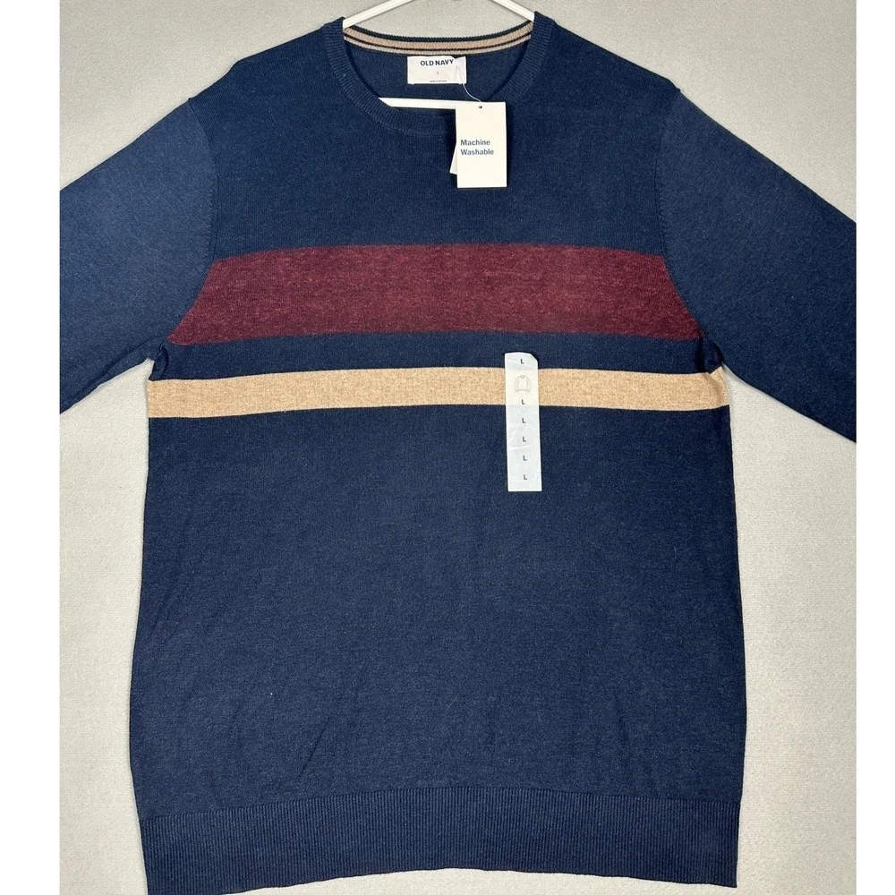 NEW Old Navy Sweater Mens Large Navy Blue Striped Crew Neck Pullover Long Sleeve